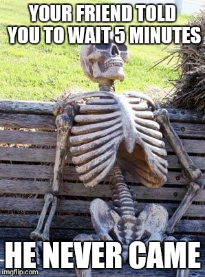 Waiting Skeleton Meme |  YOUR FRIEND TOLD YOU TO WAIT 5 MINUTES; HE NEVER CAME | image tagged in memes,waiting skeleton | made w/ Imgflip meme maker