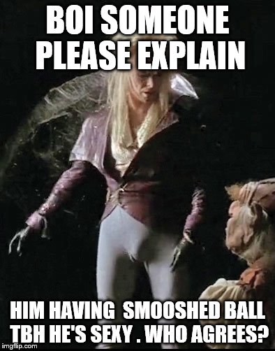 David Bowie labyrinth | BOI SOMEONE PLEASE EXPLAIN; HIM HAVING  SMOOSHED BALL TBH HE'S SEXY . WHO AGREES? | image tagged in david bowie labyrinth | made w/ Imgflip meme maker