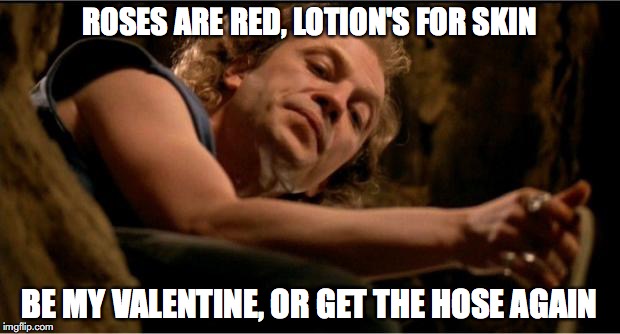 Buffalo Bill | ROSES ARE RED, LOTION'S FOR SKIN; BE MY VALENTINE, OR GET THE HOSE AGAIN | image tagged in buffalo bill,valentine's day | made w/ Imgflip meme maker