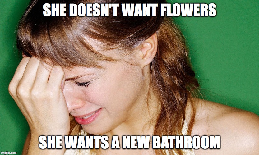crying woman | SHE DOESN'T WANT FLOWERS; SHE WANTS A NEW BATHROOM | image tagged in crying woman | made w/ Imgflip meme maker