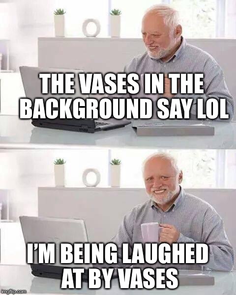 Hide the Pain Harold Meme | THE VASES IN THE BACKGROUND SAY LOL; I’M BEING LAUGHED AT BY VASES | image tagged in memes,hide the pain harold | made w/ Imgflip meme maker