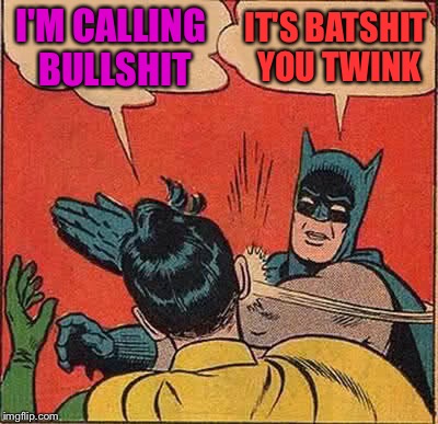 Batman Slapping Robin Meme | I'M CALLING BULLSHIT; IT'S BATSHIT YOU TWINK | image tagged in memes,batman slapping robin | made w/ Imgflip meme maker
