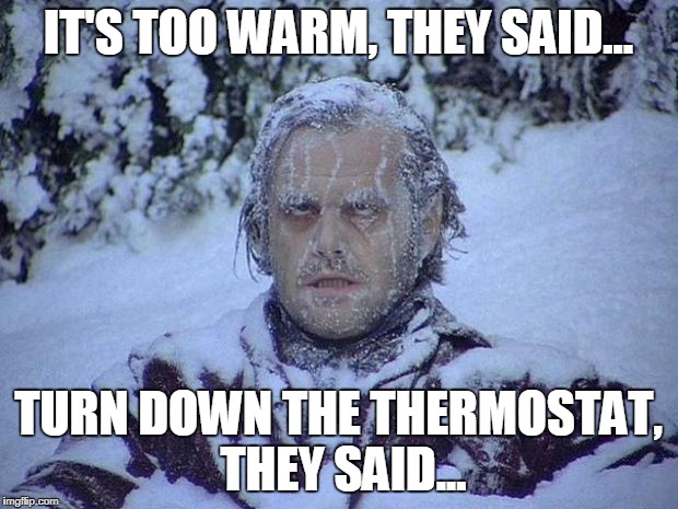 Jack Nicholson The Shining Snow | IT'S TOO WARM, THEY SAID... TURN DOWN THE THERMOSTAT, THEY SAID... | image tagged in memes,jack nicholson the shining snow | made w/ Imgflip meme maker