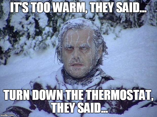 Jack Nicholson The Shining Snow Meme | IT'S TOO WARM, THEY SAID... TURN DOWN THE THERMOSTAT, THEY SAID... | image tagged in memes,jack nicholson the shining snow | made w/ Imgflip meme maker