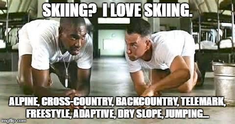 SKIING?  I LOVE SKIING. ALPINE, CROSS-COUNTRY, BACKCOUNTRY, TELEMARK, FREESTYLE, ADAPTIVE, DRY SLOPE, JUMPING... | made w/ Imgflip meme maker