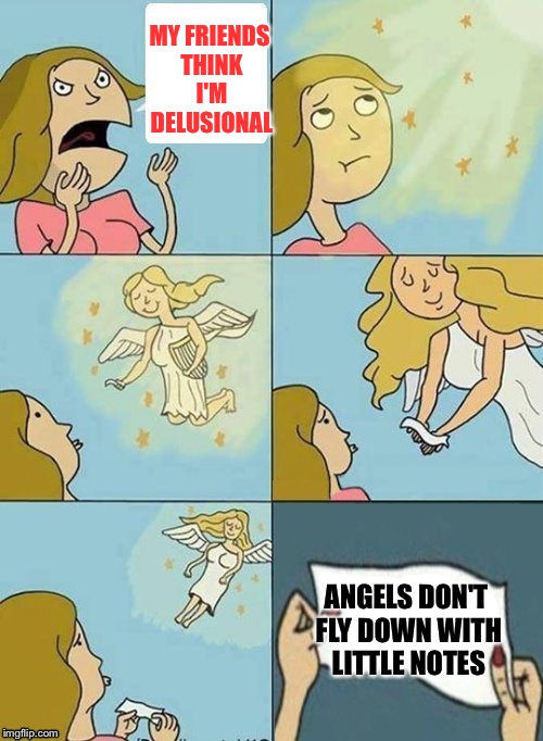 MY FRIENDS THINK I'M DELUSIONAL ANGELS DON'T FLY DOWN WITH LITTLE NOTES | made w/ Imgflip meme maker