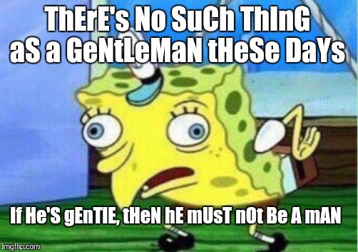 Mocking Spongebob Meme | ThErE's No SuCh ThInG aS a GeNtLeMaN tHeSe DaYs; If He'S gEnTlE, tHeN hE mUsT nOt Be A mAN | image tagged in memes,mocking spongebob | made w/ Imgflip meme maker
