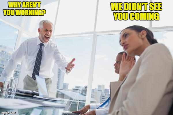 why aren't you working?  | WE DIDN'T SEE YOU COMING; WHY AREN'T YOU WORKING? | image tagged in boss | made w/ Imgflip meme maker