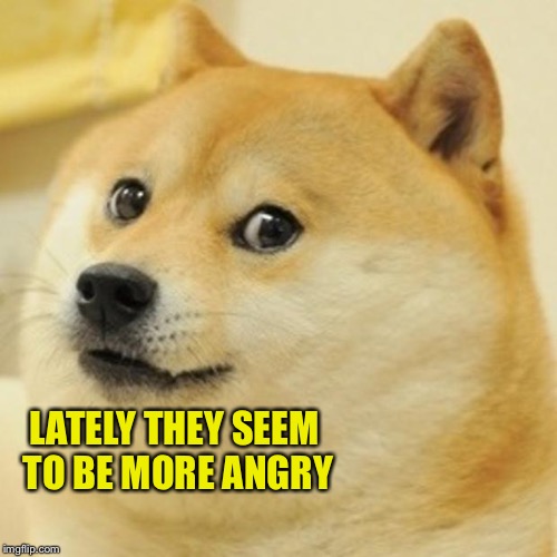 Doge Meme | LATELY THEY SEEM TO BE MORE ANGRY | image tagged in memes,doge | made w/ Imgflip meme maker