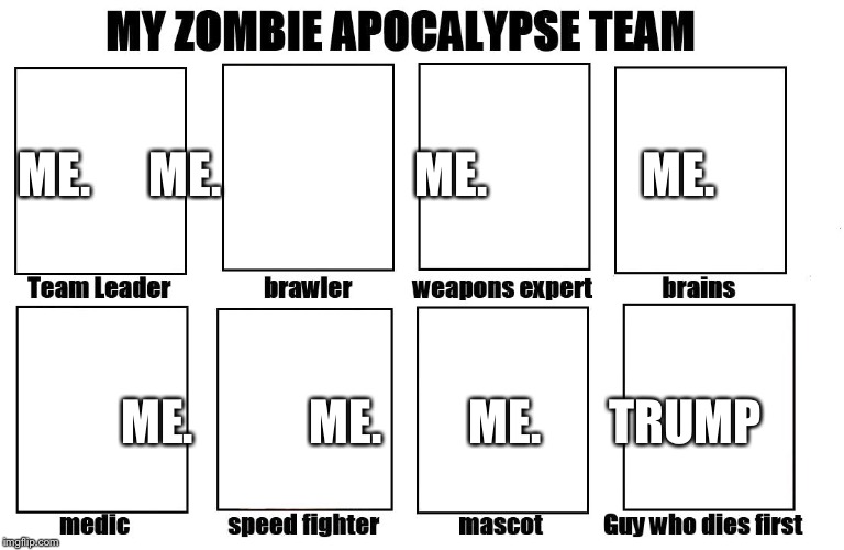 My Zombie Apocalypse Team | ME.      ME.                    ME.                ME. ME.            ME.         ME.       TRUMP | image tagged in my zombie apocalypse team | made w/ Imgflip meme maker