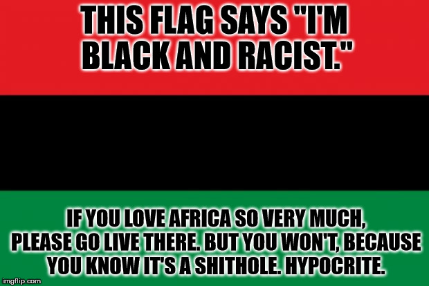 African Flag | THIS FLAG SAYS "I'M BLACK AND RACIST."; IF YOU LOVE AFRICA SO VERY MUCH, PLEASE GO LIVE THERE. BUT YOU WON'T, BECAUSE YOU KNOW IT'S A SHITHOLE. HYPOCRITE. | image tagged in african flag | made w/ Imgflip meme maker