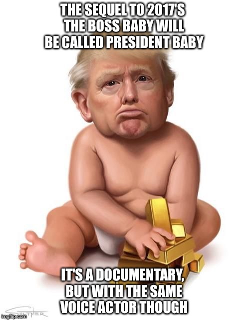Baby trump | THE SEQUEL TO 2017'S THE BOSS BABY WILL BE CALLED PRESIDENT BABY; IT'S A DOCUMENTARY, BUT WITH THE SAME VOICE ACTOR THOUGH | image tagged in baby trump | made w/ Imgflip meme maker