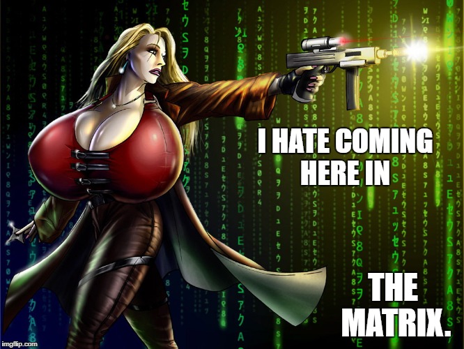 I HATE COMING HERE IN; THE MATRIX. | image tagged in chelsea charms | made w/ Imgflip meme maker