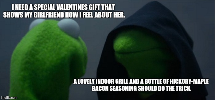 Evil Kermit Meme | I NEED A SPECIAL VALENTINES GIFT THAT SHOWS MY GIRLFRIEND HOW I FEEL ABOUT HER. A LOVELY INDOOR GRILL AND A BOTTLE OF HICKORY-MAPLE BACON SEASONING SHOULD DO THE TRICK. | image tagged in memes,evil kermit | made w/ Imgflip meme maker