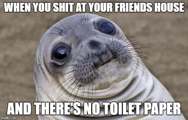 Awkward Moment Sealion Meme | WHEN YOU SHIT AT YOUR FRIENDS HOUSE; AND THERE'S NO TOILET PAPER | image tagged in memes,awkward moment sealion | made w/ Imgflip meme maker