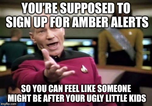 Picard Wtf Meme | YOU’RE SUPPOSED TO SIGN UP FOR AMBER ALERTS SO YOU CAN FEEL LIKE SOMEONE MIGHT BE AFTER YOUR UGLY LITTLE KIDS | image tagged in memes,picard wtf | made w/ Imgflip meme maker