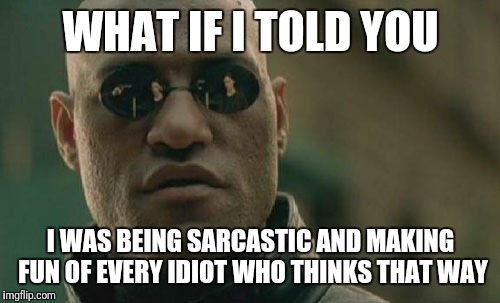 Matrix Morpheus Meme | WHAT IF I TOLD YOU I WAS BEING SARCASTIC AND MAKING FUN OF EVERY IDIOT WHO THINKS THAT WAY | image tagged in memes,matrix morpheus | made w/ Imgflip meme maker