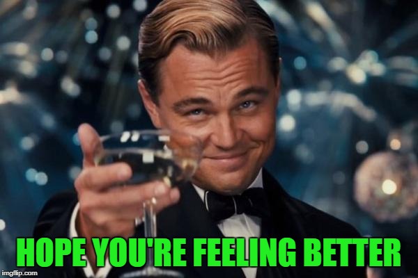 Leonardo Dicaprio Cheers Meme | HOPE YOU'RE FEELING BETTER | image tagged in memes,leonardo dicaprio cheers | made w/ Imgflip meme maker