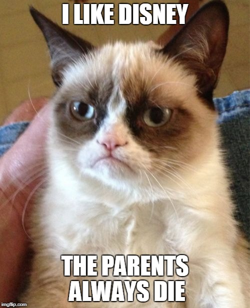 Grumpy Cat Meme | I LIKE DISNEY; THE PARENTS ALWAYS DIE | image tagged in memes,grumpy cat | made w/ Imgflip meme maker