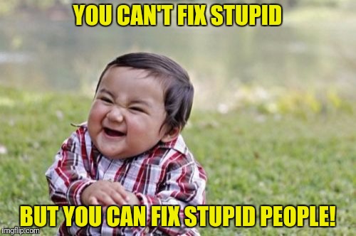Evil Toddler Meme | YOU CAN'T FIX STUPID BUT YOU CAN FIX STUPID PEOPLE! | image tagged in memes,evil toddler | made w/ Imgflip meme maker