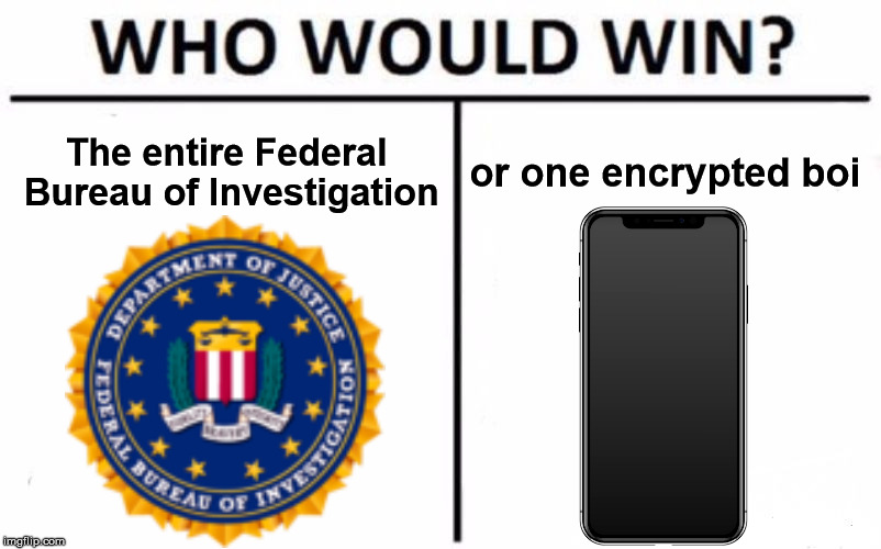 Who Would Win? Meme | The entire Federal Bureau of Investigation; or one encrypted boi | image tagged in memes,who would win | made w/ Imgflip meme maker