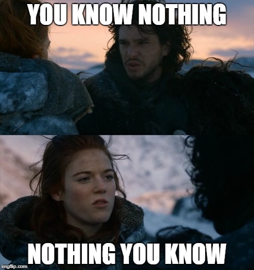 you know nothing jon snow ygritte | YOU KNOW NOTHING; NOTHING YOU KNOW | image tagged in you know nothing jon snow ygritte | made w/ Imgflip meme maker