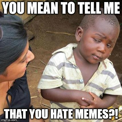 Third World Skeptical Kid Meme | YOU MEAN TO TELL ME; THAT YOU HATE MEMES?! | image tagged in memes,third world skeptical kid | made w/ Imgflip meme maker