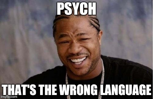 Yo Dawg Heard You Meme | PSYCH THAT'S THE WRONG LANGUAGE | image tagged in memes,yo dawg heard you | made w/ Imgflip meme maker