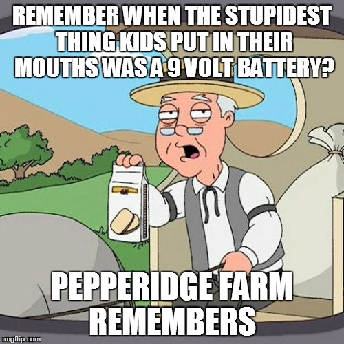 Pepperidge Farm Remembers | REMEMBER WHEN THE STUPIDEST THING KIDS PUT IN THEIR MOUTHS WAS A 9 VOLT BATTERY? PEPPERIDGE FARM REMEMBERS | image tagged in memes,pepperidge farm remembers | made w/ Imgflip meme maker