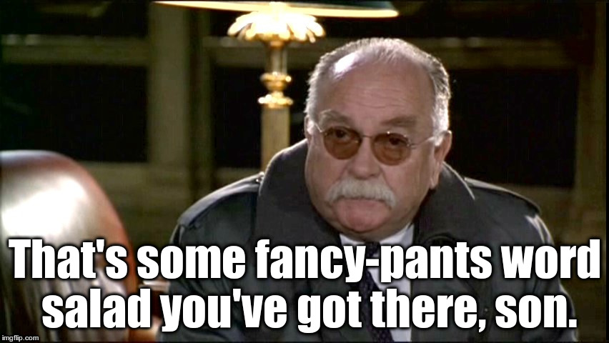 That's some fancy-pants word salad you've got there, son. | image tagged in wilford brimley trenchcoat shades,fancy-pants word salad,fancy-pants,word salad,wilford brimley | made w/ Imgflip meme maker