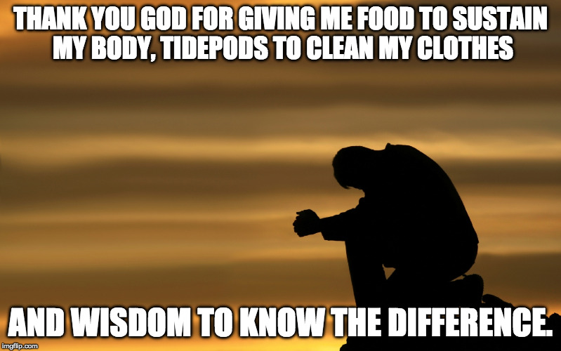 One more. |  THANK YOU GOD FOR GIVING ME FOOD TO SUSTAIN MY BODY, TIDEPODS TO CLEAN MY CLOTHES; AND WISDOM TO KNOW THE DIFFERENCE. | image tagged in tide pods,prayer | made w/ Imgflip meme maker
