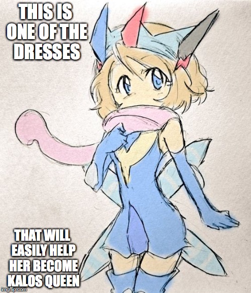 Serena With Ash-Greninja Dress | THIS IS ONE OF THE DRESSES; THAT WILL EASILY HELP HER BECOME KALOS QUEEN | image tagged in serena,ash-greninja,memes,pokemon | made w/ Imgflip meme maker