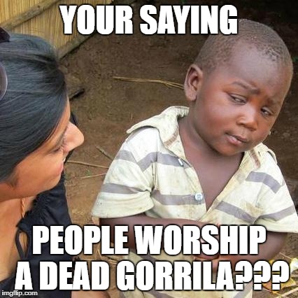Third World Skeptical Kid Meme | YOUR SAYING; PEOPLE WORSHIP A DEAD GORRILA??? | image tagged in memes,third world skeptical kid | made w/ Imgflip meme maker