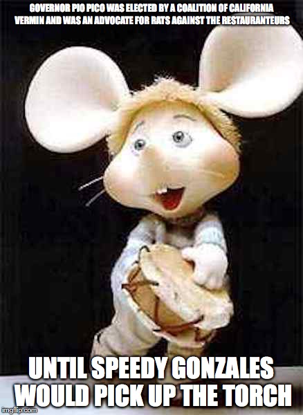 Topo Gigio | GOVERNOR PIO PICO WAS ELECTED BY A COALITION OF CALIFORNIA VERMIN AND WAS AN ADVOCATE FOR RATS AGAINST THE RESTAURANTEURS; UNTIL SPEEDY GONZALES WOULD PICK UP THE TORCH | image tagged in california,memes | made w/ Imgflip meme maker