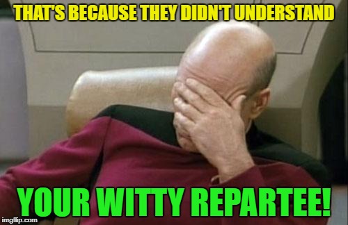 Captain Picard Facepalm Meme | THAT'S BECAUSE THEY DIDN'T UNDERSTAND YOUR WITTY REPARTEE! | image tagged in memes,captain picard facepalm | made w/ Imgflip meme maker