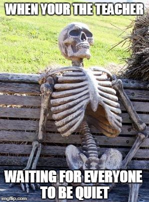 Waiting Skeleton | WHEN YOUR THE TEACHER; WAITING FOR EVERYONE TO BE QUIET | image tagged in memes,waiting skeleton | made w/ Imgflip meme maker