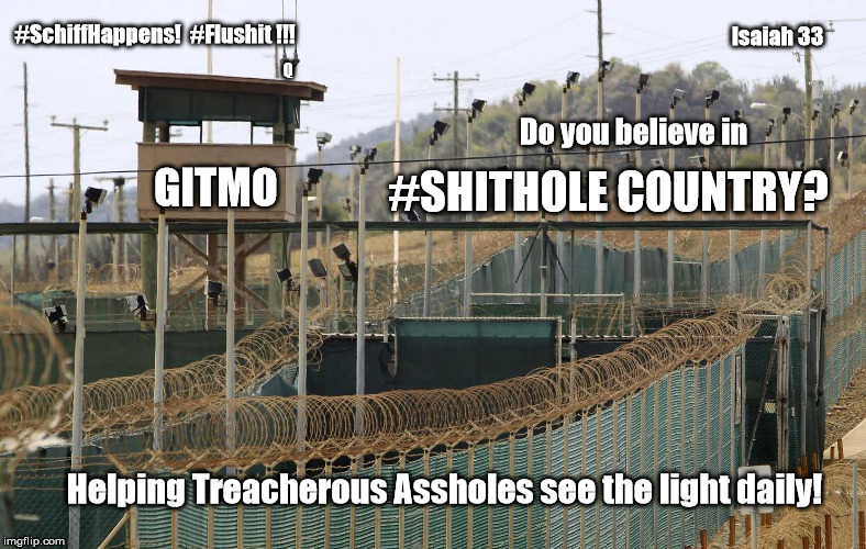 Do you believe in #SHITHOLE Country? GITMO: Helping Treacherous Assholes see the light daily! #SchiffHappens #Flushit! #ISAIAH33 | #SchiffHappens!  #Flushit !!! Isaiah 33; Q; Do you believe in; GITMO; #SHITHOLE COUNTRY? Helping Treacherous Assholes see the light daily! | image tagged in donald trump you're fired,government corruption,nwo police state,shithole,guantanamo,maga | made w/ Imgflip meme maker
