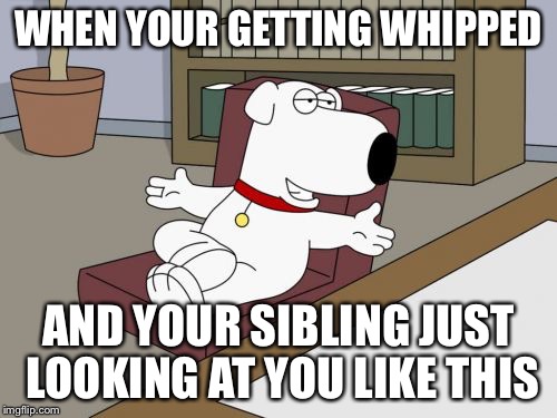 Brian Griffin | WHEN YOUR GETTING WHIPPED; AND YOUR SIBLING JUST LOOKING AT YOU LIKE THIS | image tagged in memes,brian griffin | made w/ Imgflip meme maker