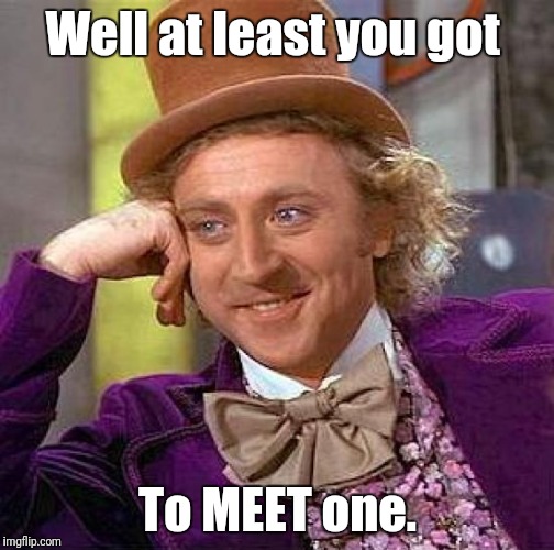 Creepy Condescending Wonka Meme | Well at least you got To MEET one. | image tagged in memes,creepy condescending wonka | made w/ Imgflip meme maker