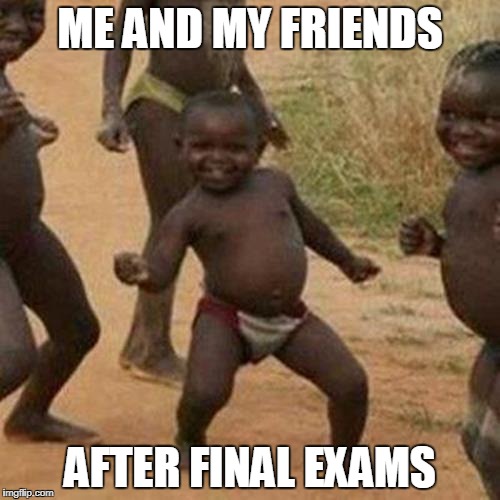 Third World Success Kid Meme | ME AND MY FRIENDS; AFTER FINAL EXAMS | image tagged in memes,third world success kid | made w/ Imgflip meme maker