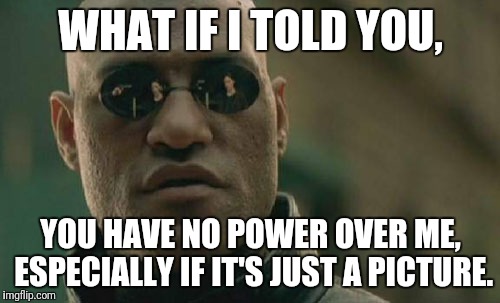 Matrix Morpheus Meme | WHAT IF I TOLD YOU, YOU HAVE NO POWER OVER ME, ESPECIALLY IF IT'S JUST A PICTURE. | image tagged in memes,matrix morpheus | made w/ Imgflip meme maker