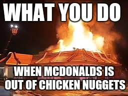 McDonalds on FIRE | WHAT YOU DO; WHEN MCDONALDS IS OUT OF CHICKEN NUGGETS | image tagged in mcdonalds on fire | made w/ Imgflip meme maker