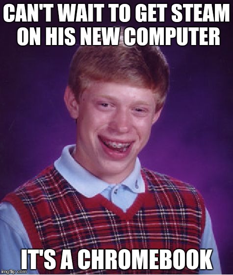 Bad Luck Brian | CAN'T WAIT TO GET STEAM ON HIS NEW COMPUTER; IT'S A CHROMEBOOK | image tagged in memes,bad luck brian | made w/ Imgflip meme maker