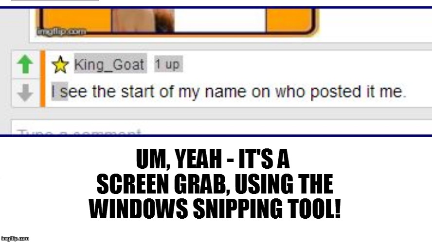 UM, YEAH - IT'S A SCREEN GRAB, USING THE WINDOWS SNIPPING TOOL! | made w/ Imgflip meme maker