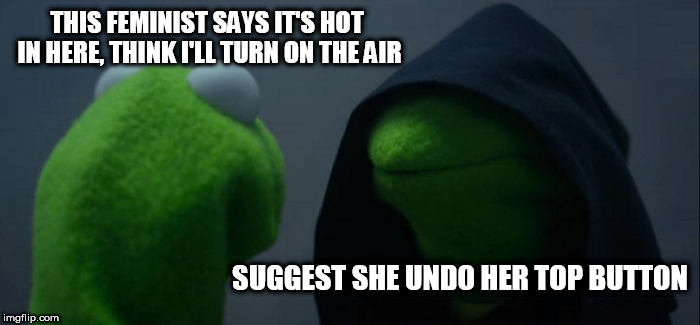 Evil Kermit Meme | THIS FEMINIST SAYS IT'S HOT IN HERE, THINK I'LL TURN ON THE AIR; SUGGEST SHE UNDO HER TOP BUTTON | image tagged in memes,evil kermit | made w/ Imgflip meme maker