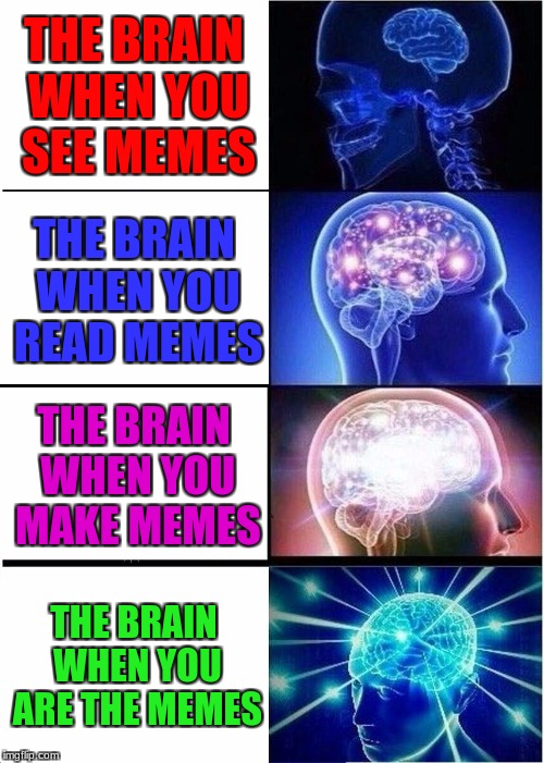 Expanding Brain | THE BRAIN WHEN YOU SEE MEMES; THE BRAIN WHEN YOU READ MEMES; THE BRAIN WHEN YOU MAKE MEMES; THE BRAIN WHEN YOU ARE THE MEMES | image tagged in memes,expanding brain | made w/ Imgflip meme maker