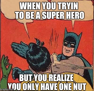 Batman Slapping Robin Meme | WHEN YOU TRYIN TO BE A SUPER HERO; BUT YOU REALIZE YOU ONLY HAVE ONE NUT | image tagged in memes,batman slapping robin | made w/ Imgflip meme maker