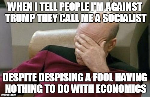 Captain Picard Facepalm Meme | WHEN I TELL PEOPLE I'M AGAINST TRUMP THEY CALL ME A SOCIALIST DESPITE DESPISING A FOOL HAVING NOTHING TO DO WITH ECONOMICS | image tagged in memes,captain picard facepalm | made w/ Imgflip meme maker