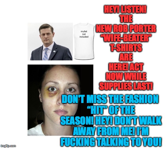 HEY! LISTEN! THE NEW ROB PORTER “WIFE-BEATER” T-SHIRTS ARE HERE! ACT NOW WHILE SUPPLIES LAST! DON'T MISS THE FASHION “HIT” OF THE SEASON! HEY! DON’T WALK AWAY FROM ME! I’M FUCKING TALKING TO YOU! | image tagged in domestic violence | made w/ Imgflip meme maker