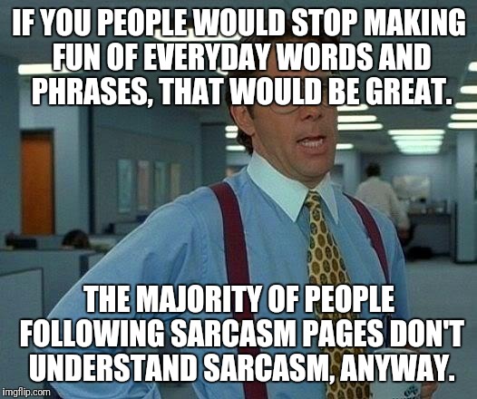 That Would Be Great Meme | IF YOU PEOPLE WOULD STOP MAKING FUN OF EVERYDAY WORDS AND PHRASES, THAT WOULD BE GREAT. THE MAJORITY OF PEOPLE FOLLOWING SARCASM PAGES DON'T UNDERSTAND SARCASM, ANYWAY. | image tagged in memes,that would be great | made w/ Imgflip meme maker